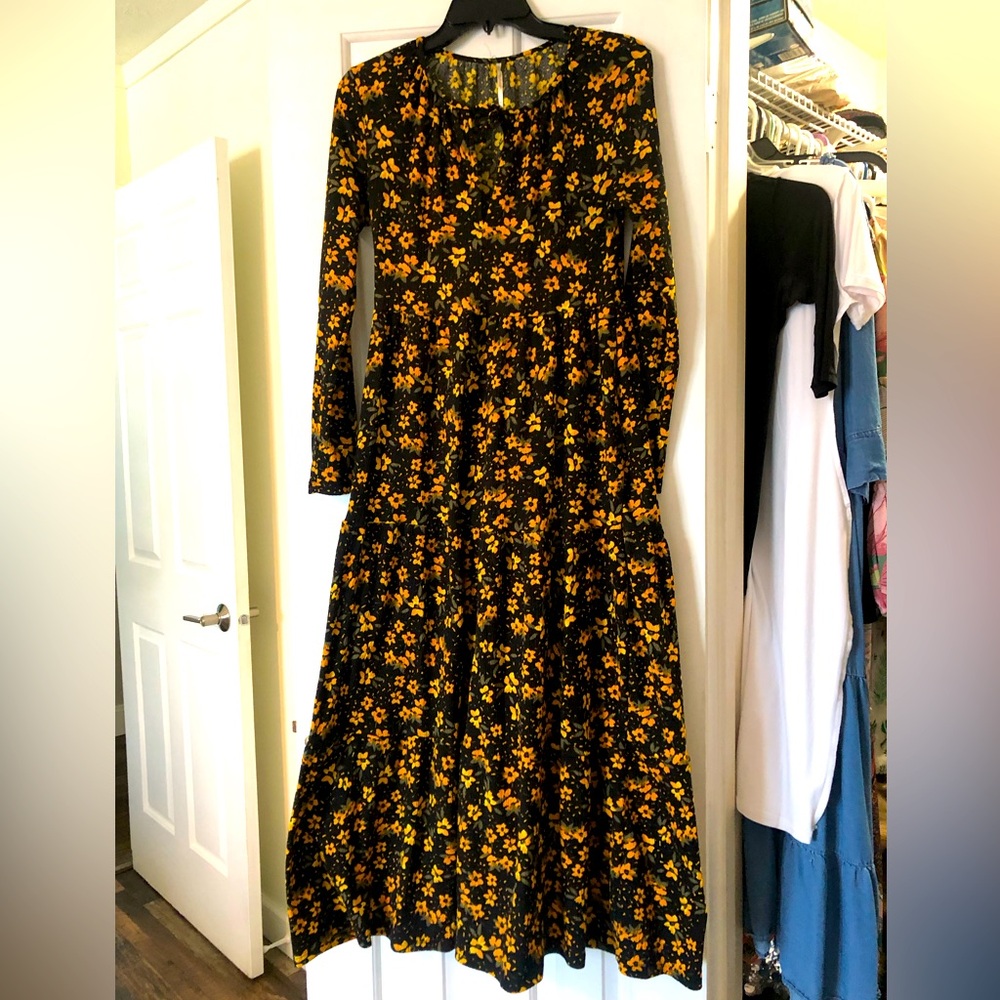 EUC Free People Tiers Of Joy Boho Prairie Midi Dress Sz. S Yellow Black Floral